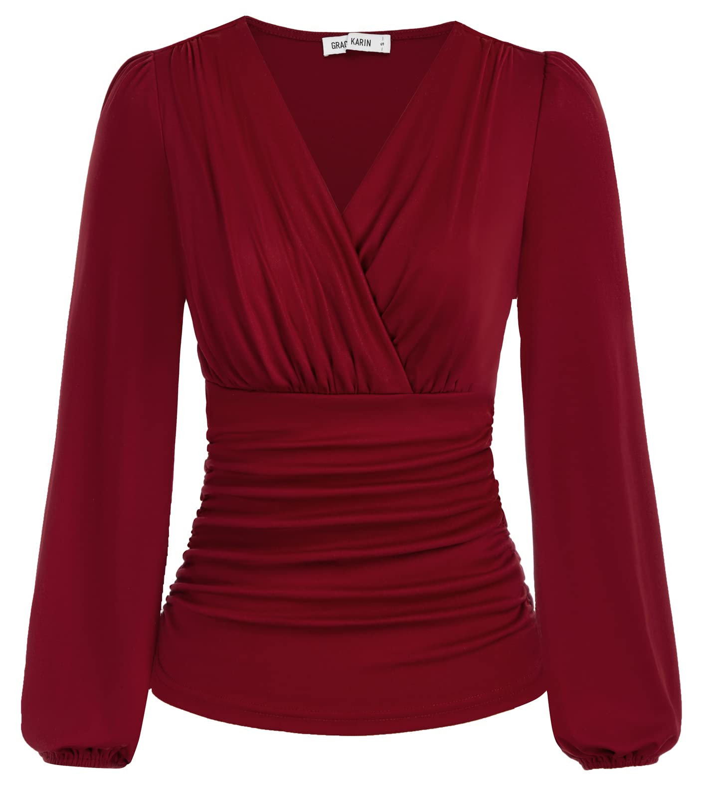 Blusa Elegante Grace Karin Wine Red Wrap, Decote Em V, Manga Comprida M