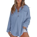 Camisa Feminina Astylish Boyfriend Waffle Knit, Túnica Azul Celeste