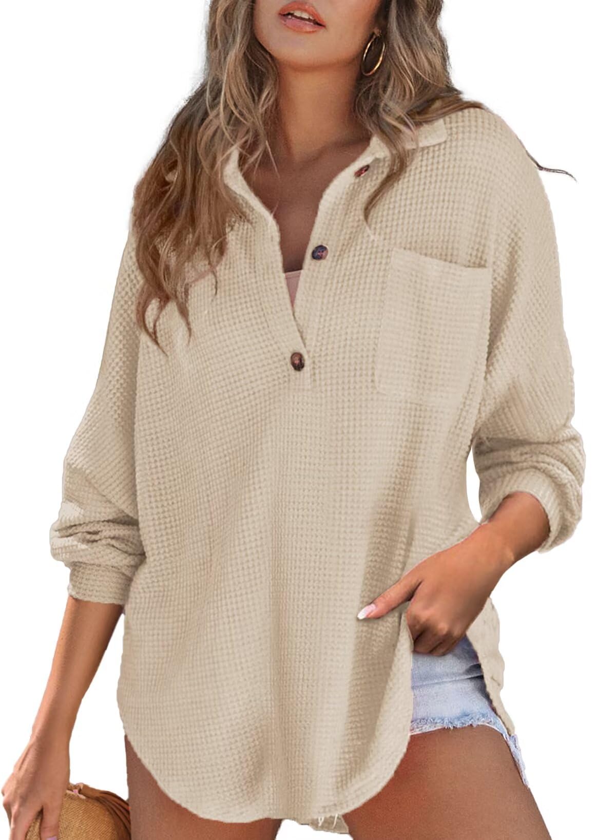 Camisa Feminina Elegante Henley, Manga Comprida, Decote Em V, Malha Waffle
