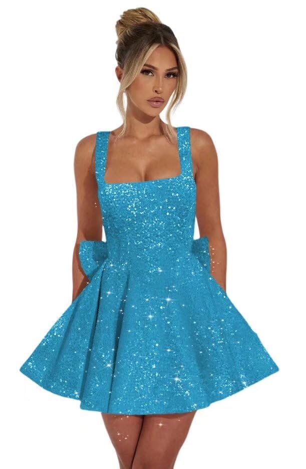 Vestido De Boas-vindas Dessiny Spaghetti Strap Sequin Ocean Blue