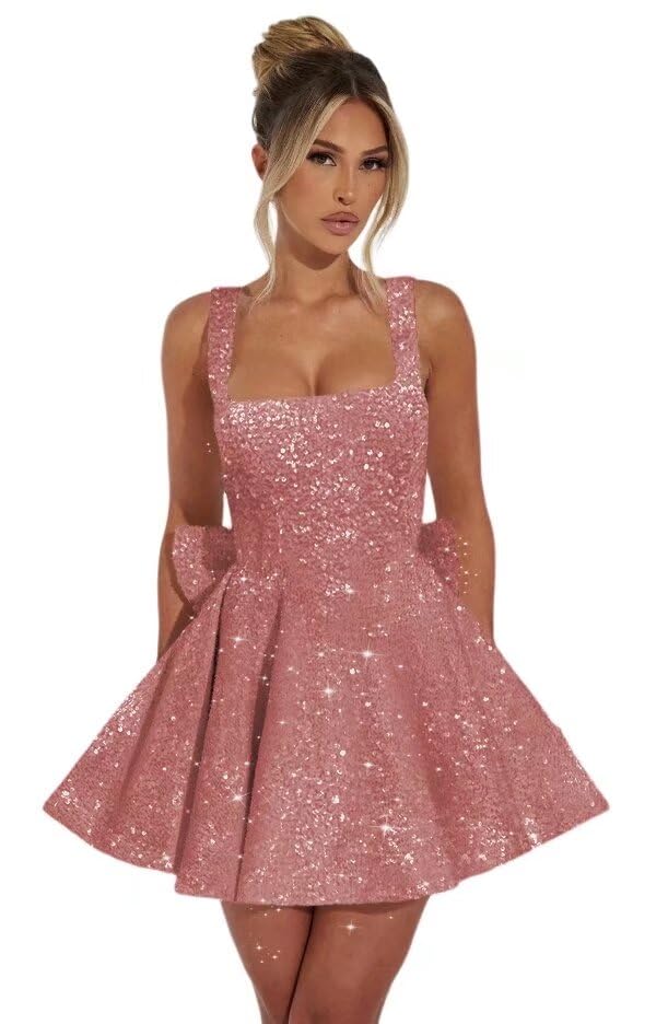 Vestido De Boas-vindas Dessiny Dusty Rose Sequin Square Neck Mini