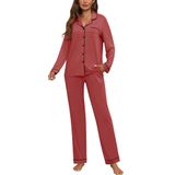 Conjunto De Pijama Feminino Zmj Com Botões E Manga Comprida, Vermelho Tijolo, Gg