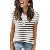 Colete Feminino Ieccp, Suéter De Manga Curta, Primavera, Decote Em V, Moderno, Casual, Malha, Pulôver De Verão, Branco, Preto, Listras L