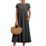 Vestido Midi Zhyaj De Algodão Com Gola Redonda, Manga Curta E Bolsos