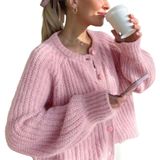 Suéter De Cardigã Acmplla Chunky Knit Button Rosa Para Mulheres