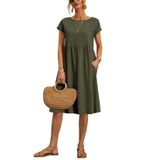 Vestido Midi Zhyaj Com Gola Redonda, Manga Curta, Túnica Solta, Algodão