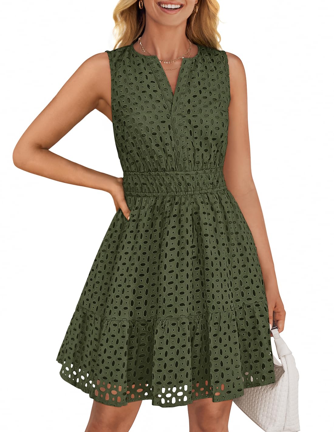 Vestido De Verão Zesica, Sem Mangas, Decote Em V, Ilhós, Festa, Verde Exército