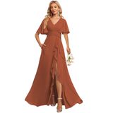 Vestido De Dama De Honra Deamify Rust Com Decote Em V, Chiffon A Line Plus Size