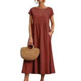 Vestido Midi Zhyaj, Gola Redonda, Manga Curta, Túnica Solta 2024