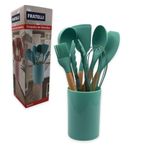 Conjunto De Utensilios Silicone 8 Pecas Fouet Concha Pincel Pegador Verde Escuro