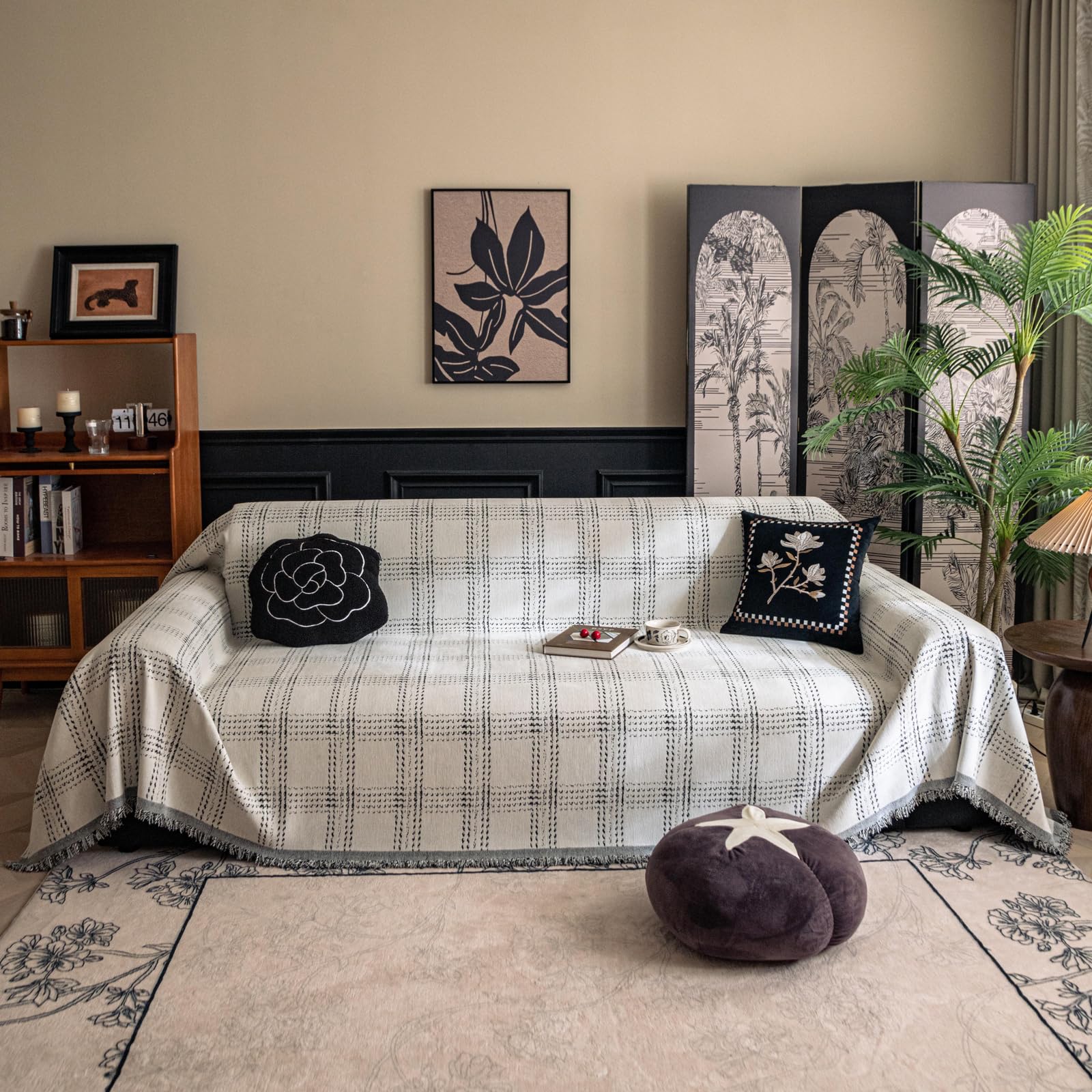 Capa De Sofá Lavável Handontime Chenille Quadriculada 180x300cm