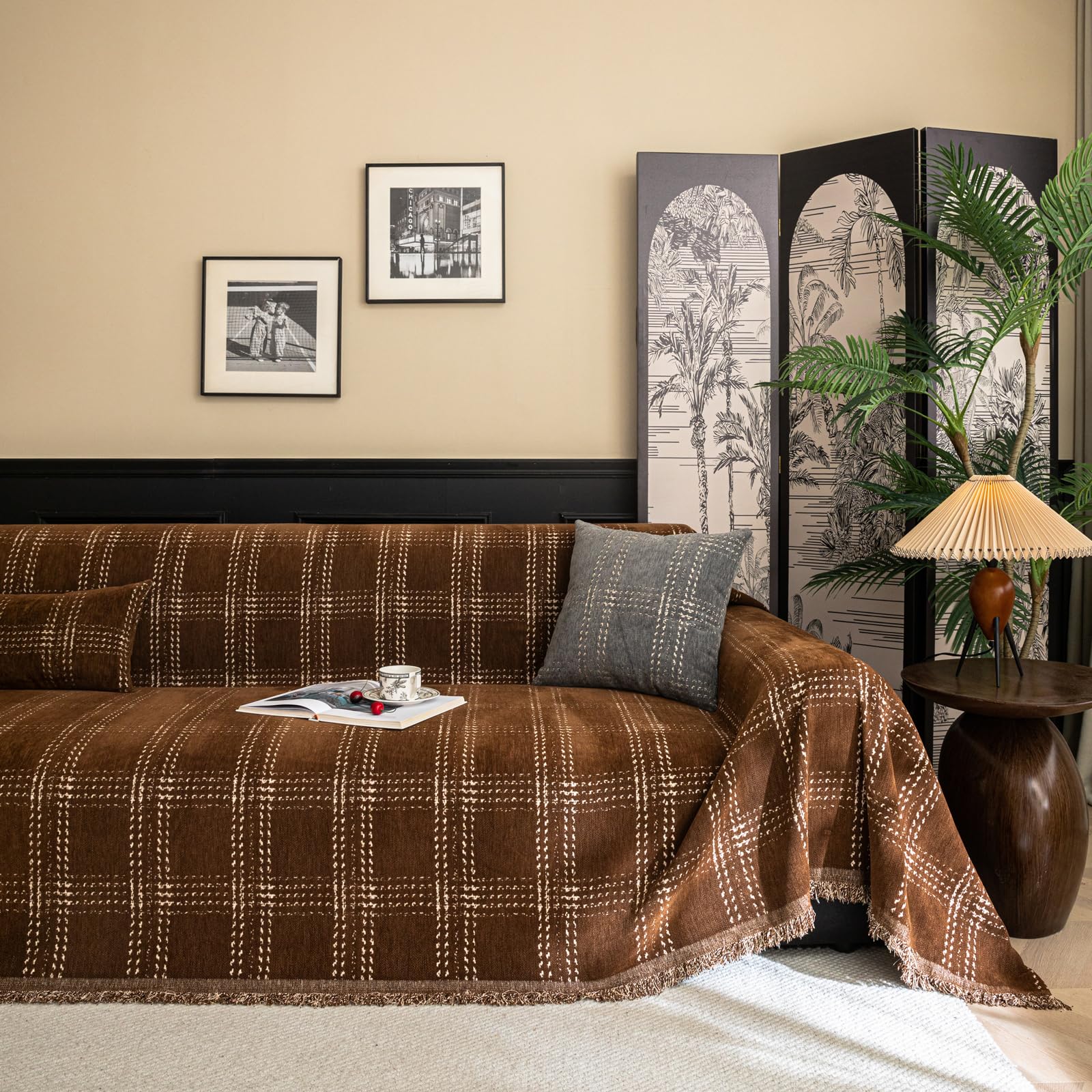 Capa De Sofá Handontime Para Sofá De 3 Almofadas Chenille Marrom Escuro