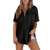 Top Feminino Elegante Com Decote Em V Com Botão De Malha Em Waffle Henley Black
