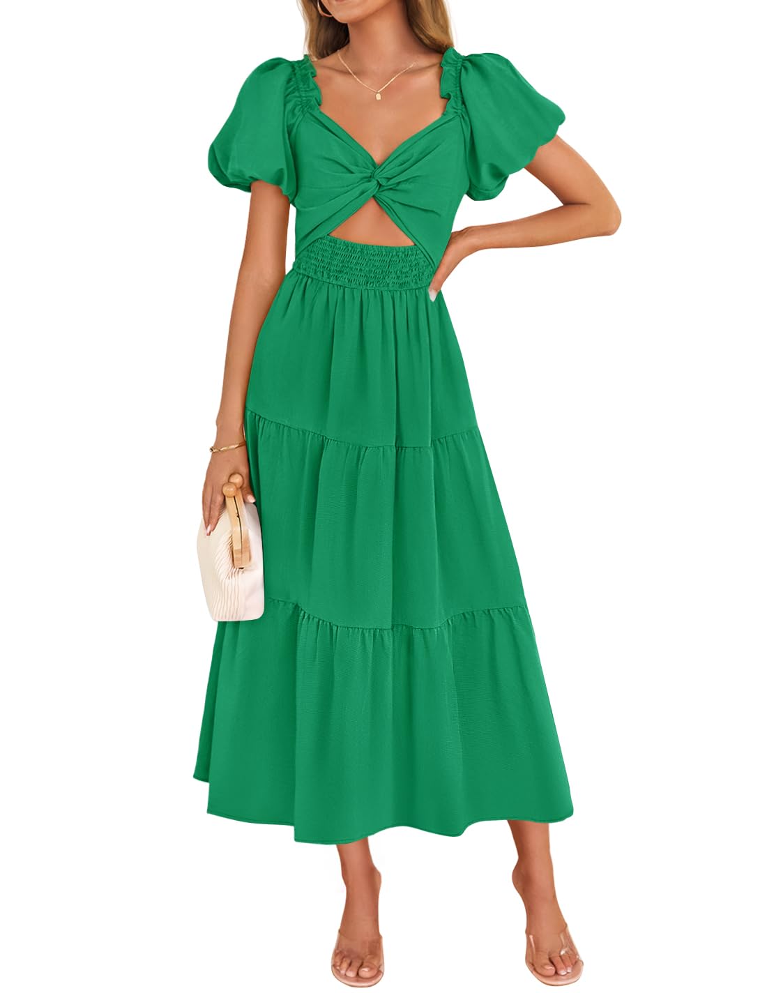 Vestido Feminino Zesica 2025 Boho Smocked Vacation Verde Médio