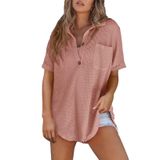 Camisa Feminina Elegante, Malha Waffle, Decote Em V, Manga Curta, Rosa Empoeirado