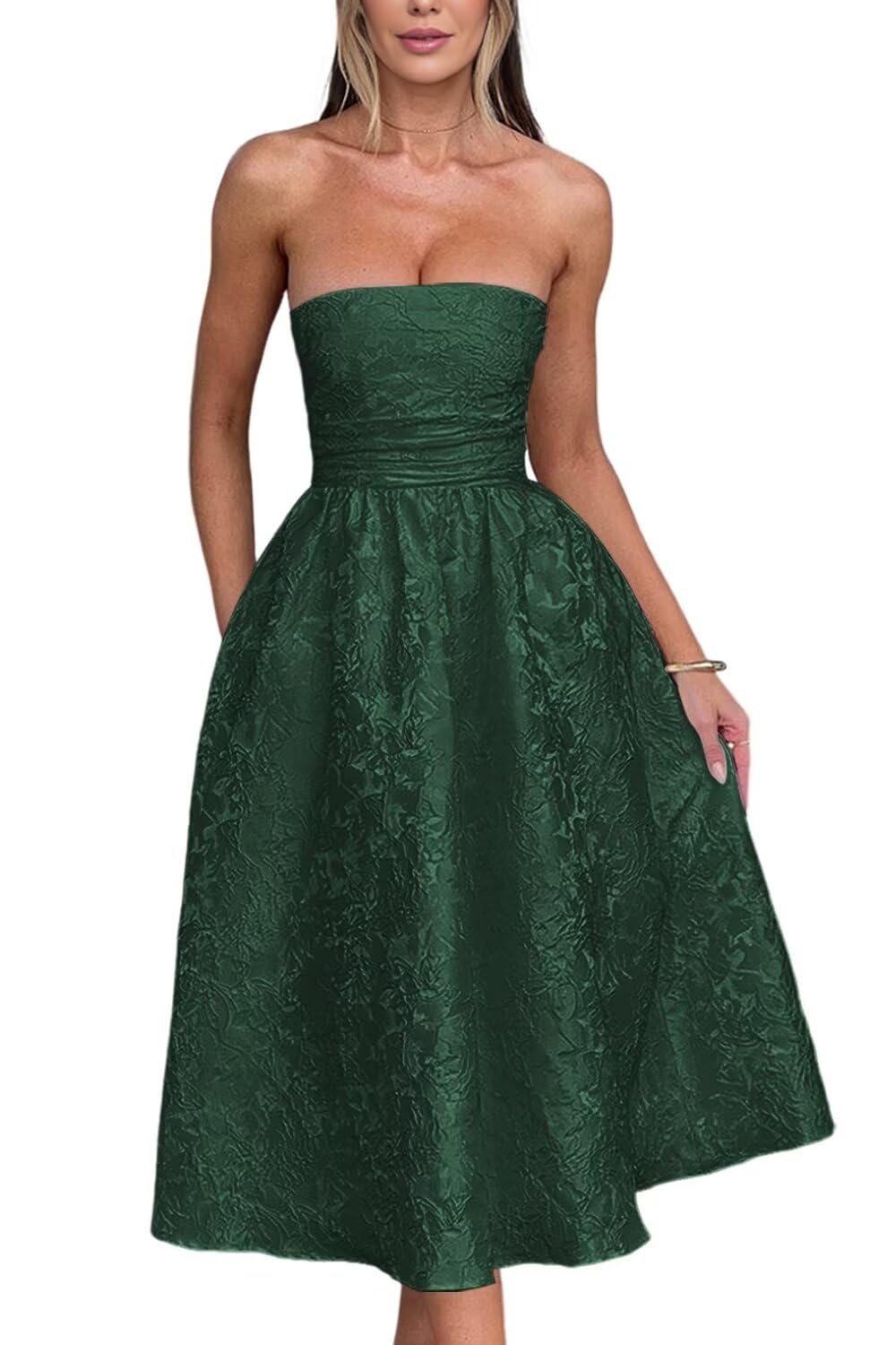 Vestidos De Boas-vindas Sem Alças De Verão Com Bolsos, Espartilho A Line, Vestidos De Festa Midi, Verde Esmeralda