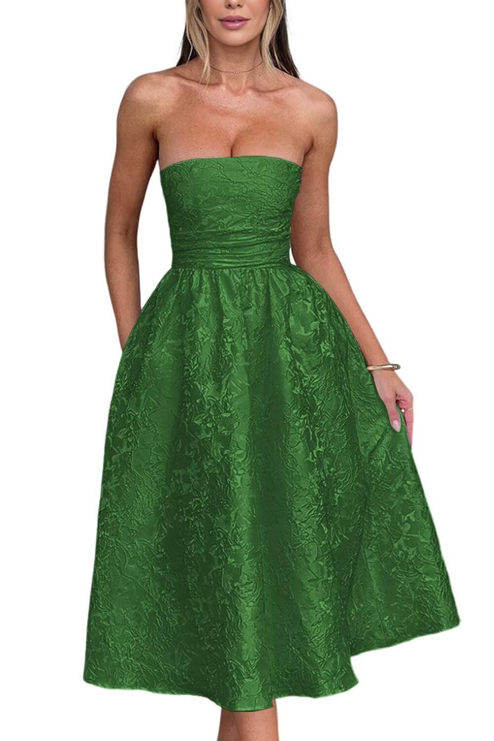 Vestidos De Boas-vindas Sem Alças De Verão Com Bolsos, Espartilho A Line, Vestidos De Festa Midi, Verdes