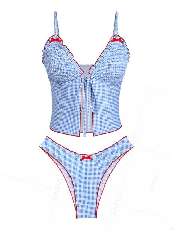 Conjunto De Tanquíni Seamoly Gingham Com Babados Para Mulheres Azul Celeste