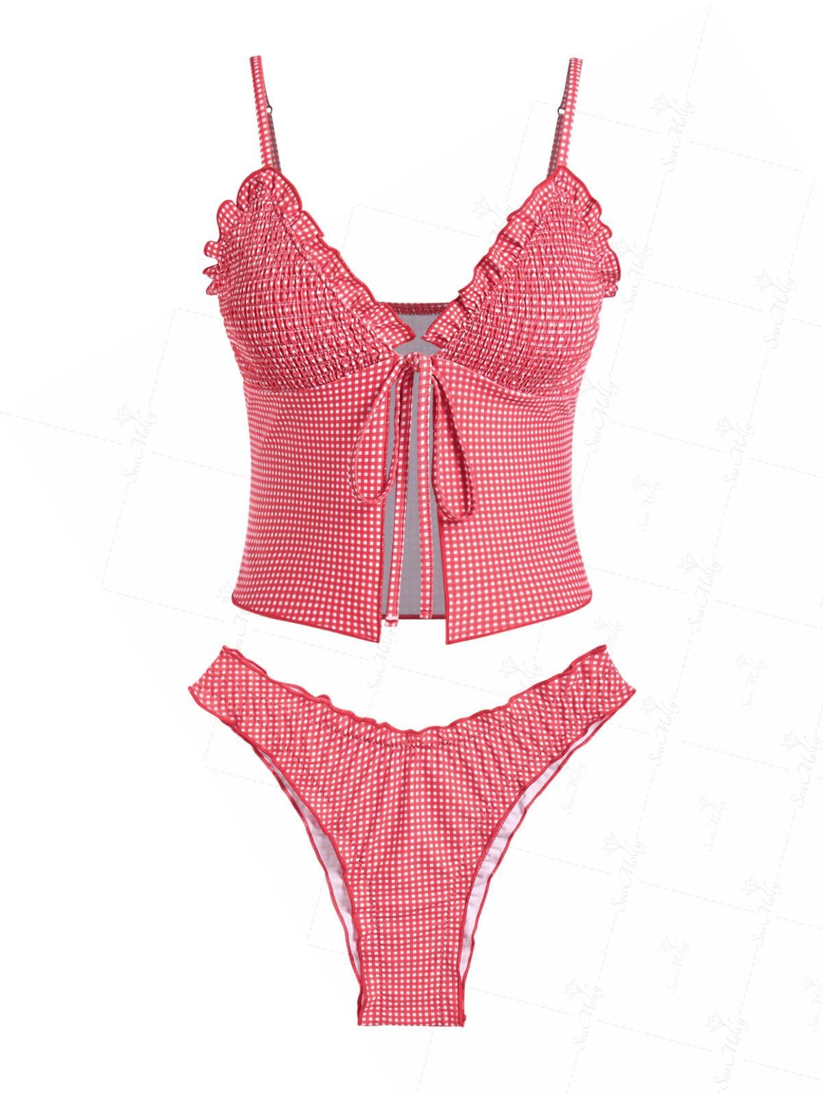 Conjunto De Tanquíni Seamoly Red Gingham Ruffles Tie Front Red S