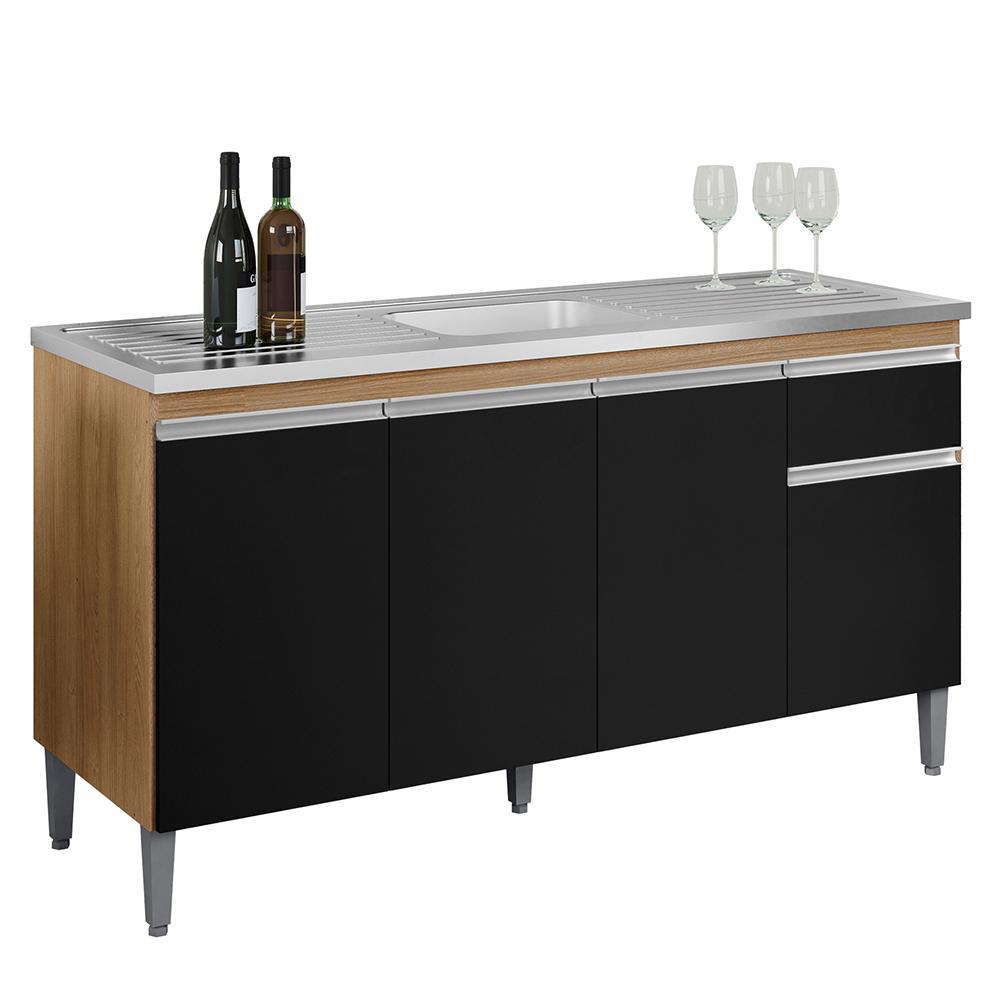 Balcão Pia Tatiane 145cm 4 Portas Amêndoa/preto Sem Tampo - Ajl Móveis