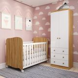 Quarto De Bebê Com Guarda Roupa 2 Portas E Berço Teka 100% Mdf Espresso Móveis Branco Brilho/amêndoa