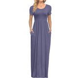 Vestido Maxi Auselily Feminino De Manga Curta, Solto, Liso, Roxo, S