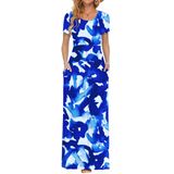 Vestido Longo Auselily Feminino De Manga Curta Solto Azul Liso M