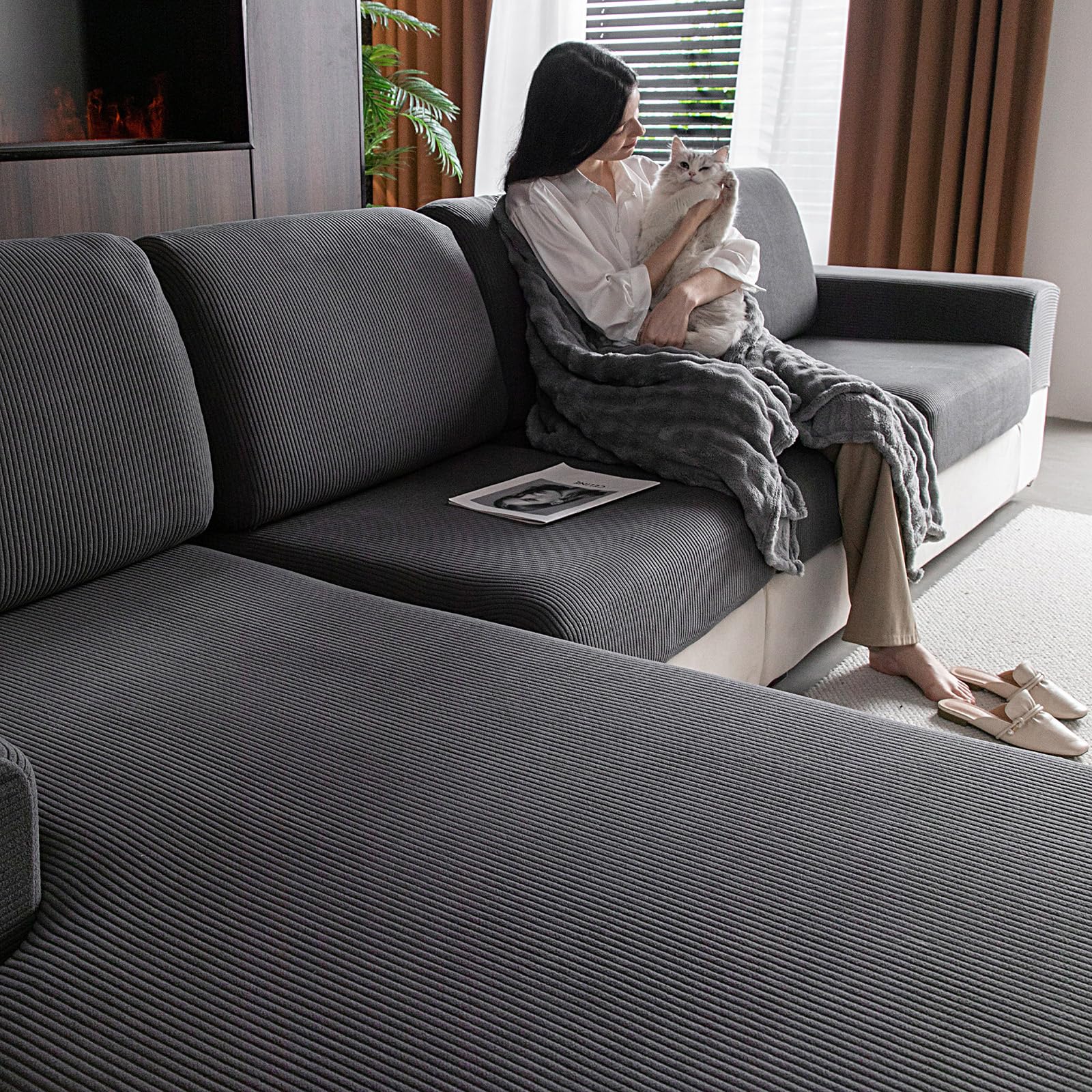 Capa De Sofá Ohsio Secional Resistente Ao Desgaste Cinza Escuro