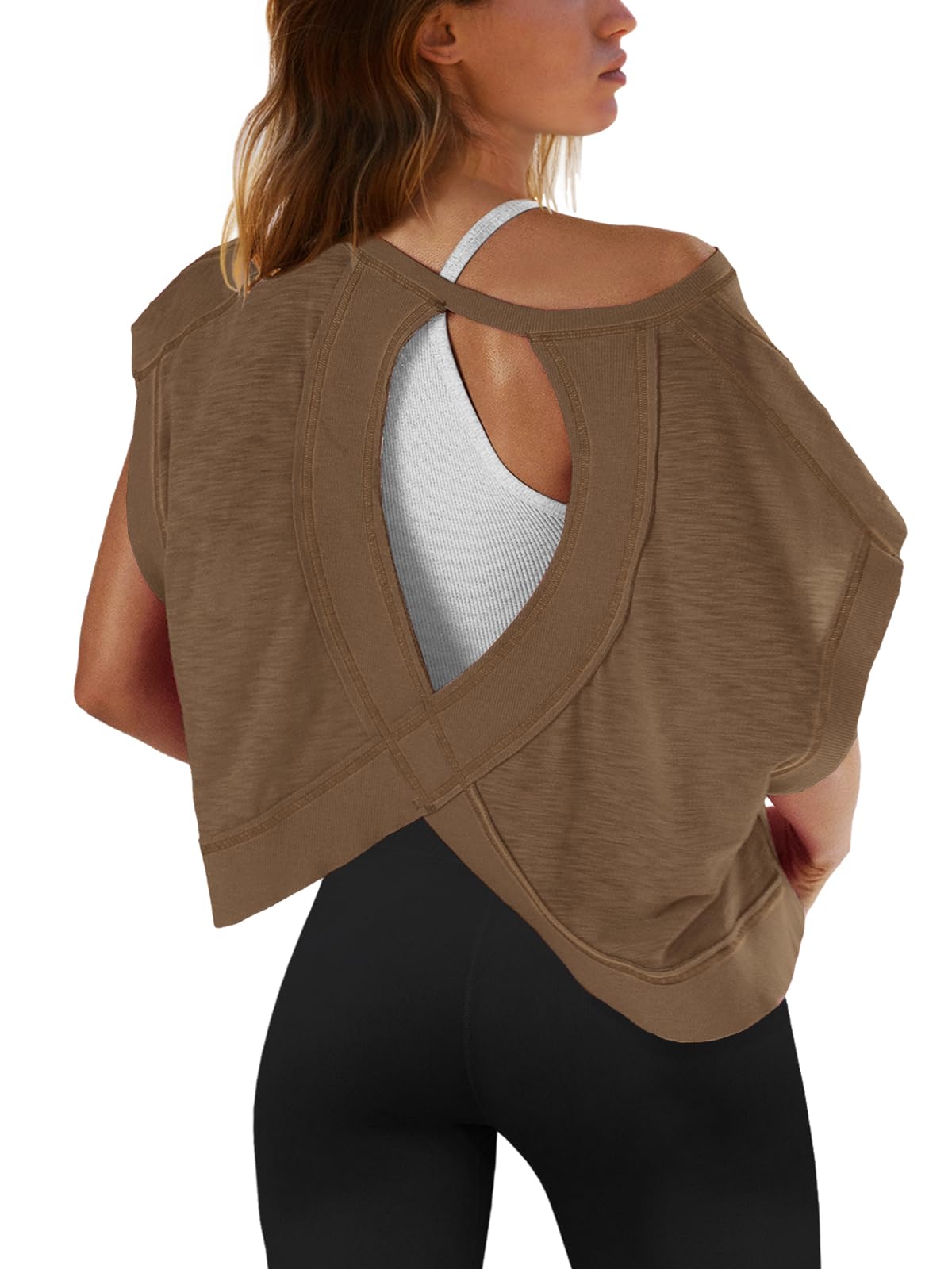 Blusa De Treino Senserise De Manga Curta Com Costas Abertas Para Mulheres, Marrom