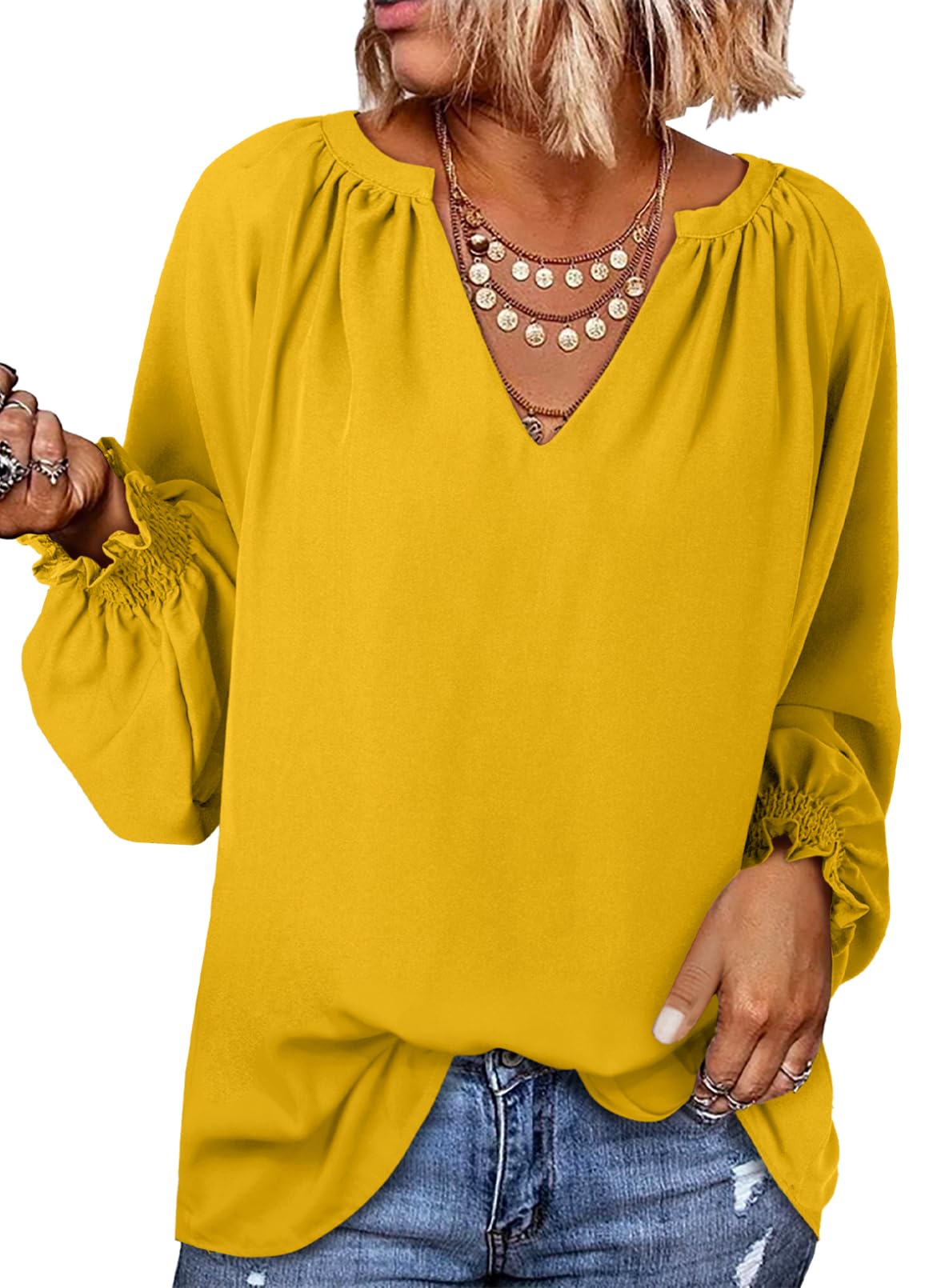 Blusa Feminina Dokotoo Com Decote Em V, Chiffon, Manga Comprida, Amarela, Xl