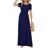 Vestido Longo Auselily Feminino De Manga Curta, Solto, Liso, Azul Marinho