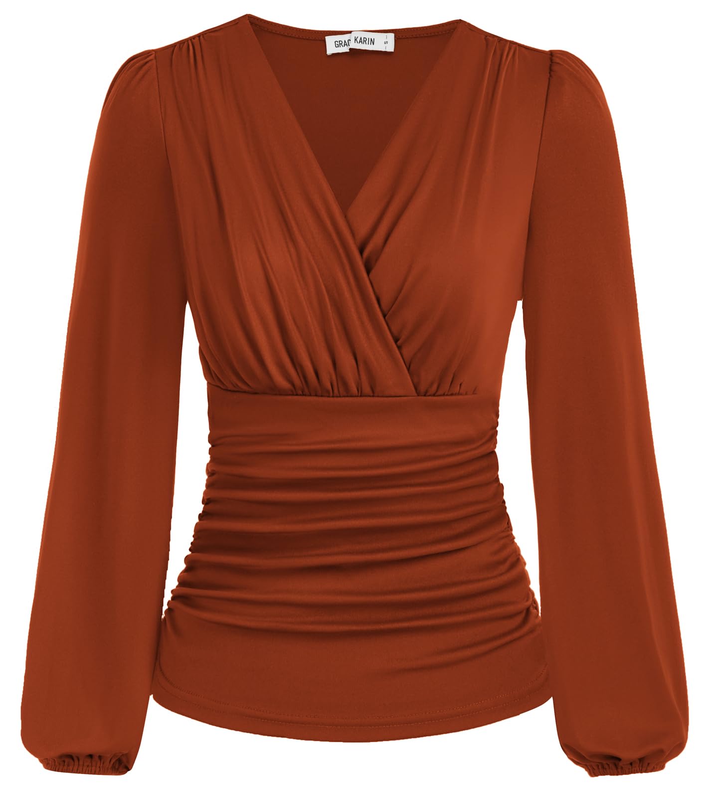 Blusa Grace Karin Dressy Ruched Surplice Wrap Com Decote Em V Caramelo