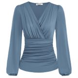 Blusa Feminina Grace Karin De Manga Comprida, Decote Em V, Azul Embaçado, Tamanho L