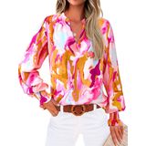 Blusa Feminina Mascomoda Com Decote Em V, Floral, Manga Comprida, Chiffon