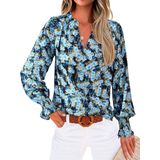 Blusa Feminina Mascomoda Com Decote Em V, Floral, Manga Comprida, Chiffon