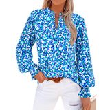 Blusa Feminina Mascomoda Com Decote Em V Floral De Manga Comprida Azul