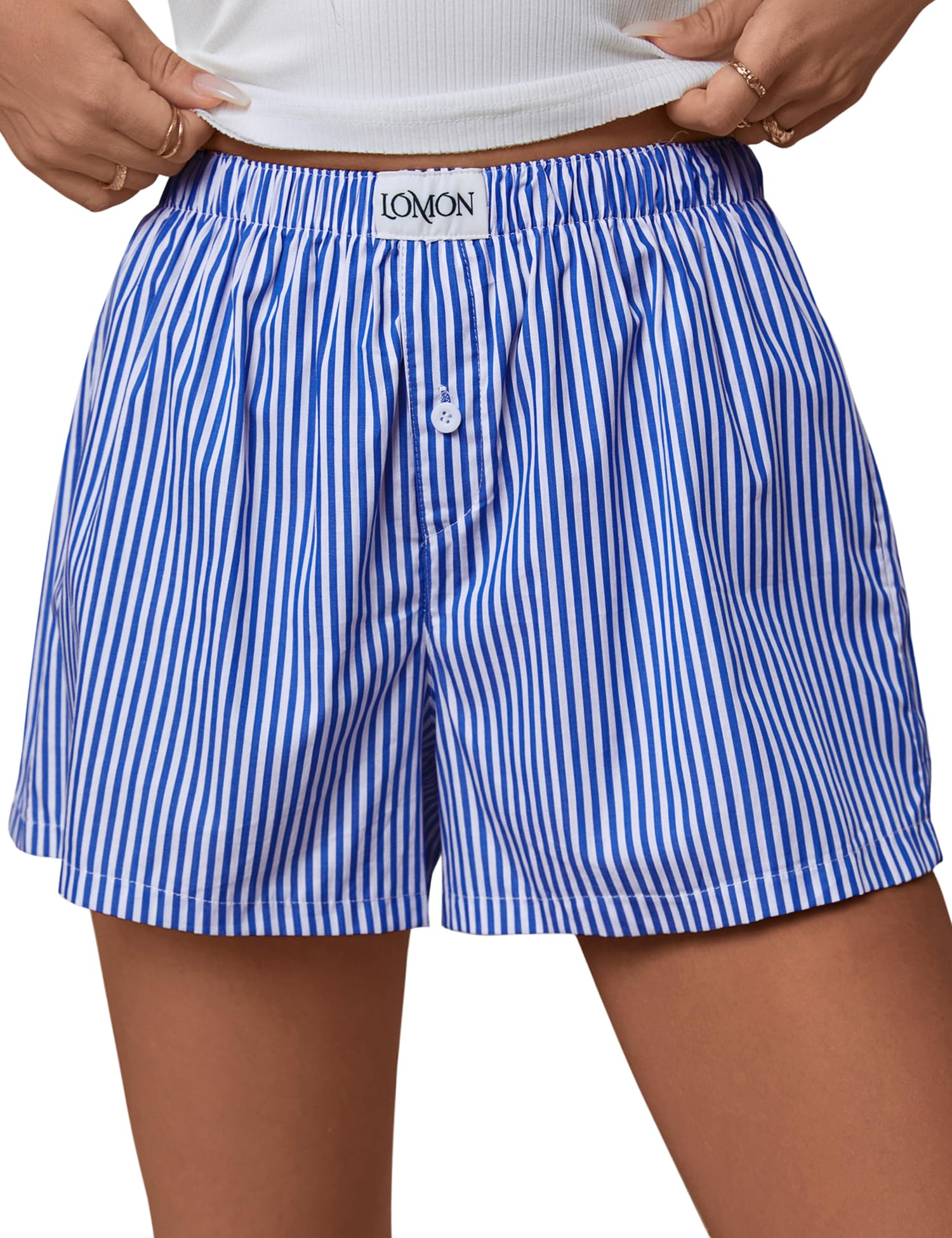 Shorts Boxer Lomon, Pijama Casual De Verão, Listrado Azul