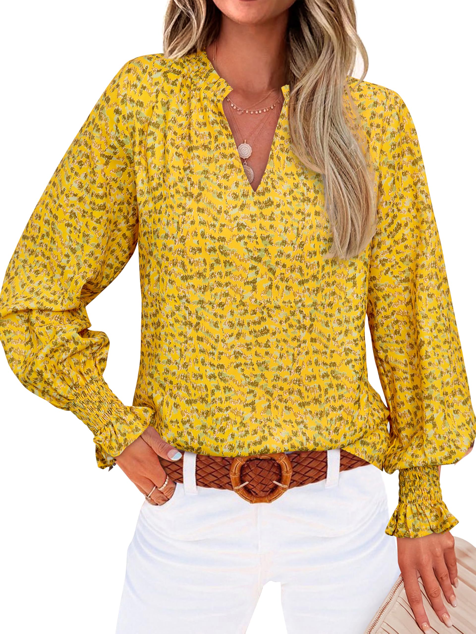 Blusa Feminina Mascomoda Com Decote Em V Floral De Manga Comprida Amarela