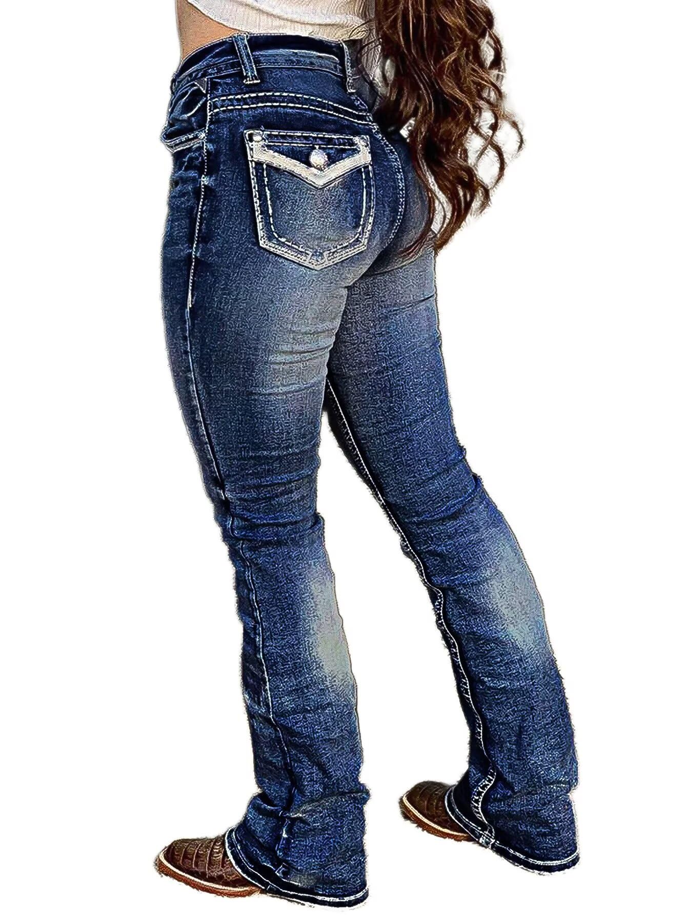 Jeans Flamingals Boot Cut Para Mulheres, Jeans Elástico, Azul Profundo, S