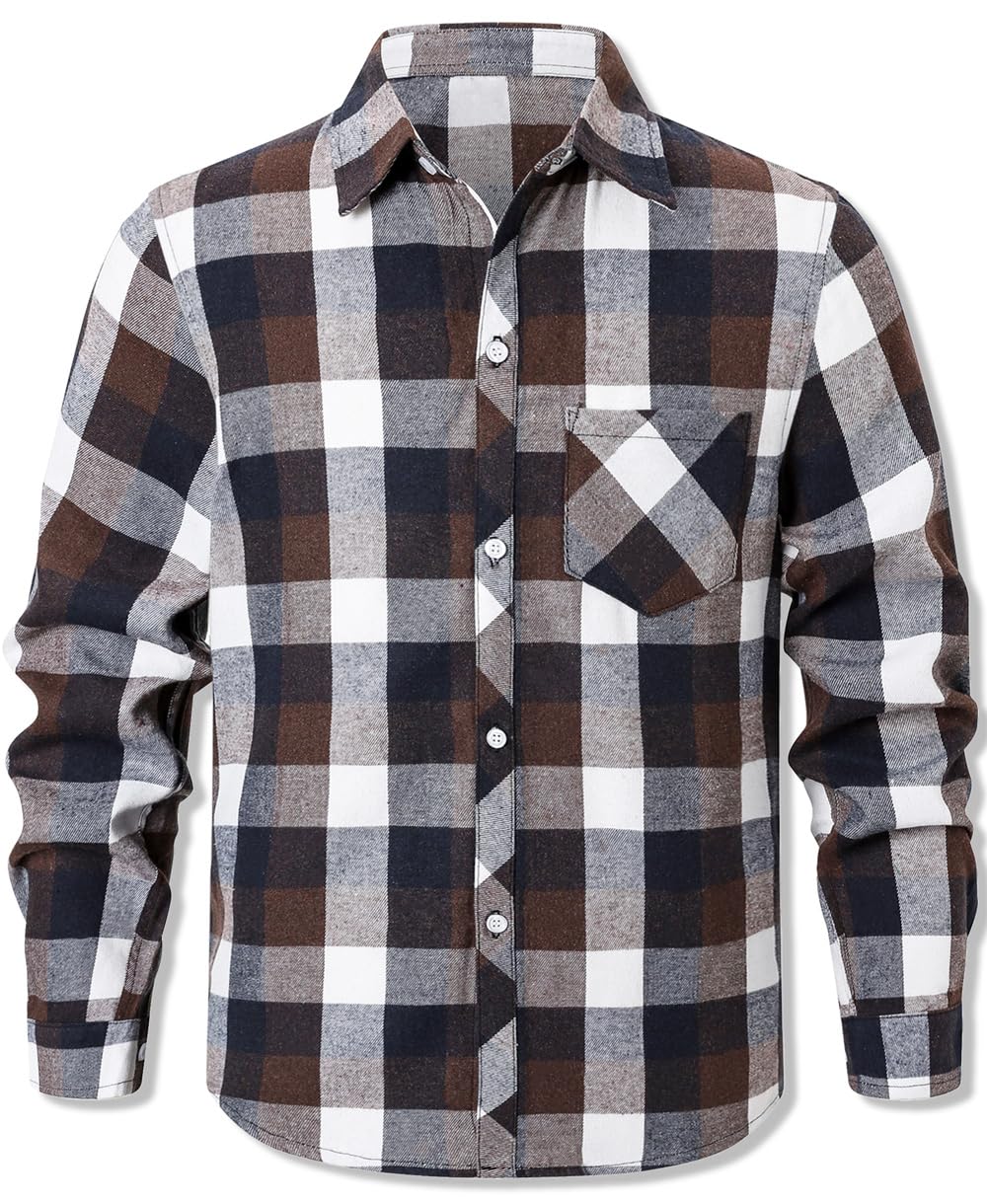 Camisa Masculina Casual Cromoncent De Flanela Xadrez, Manga Comprida, Marrom