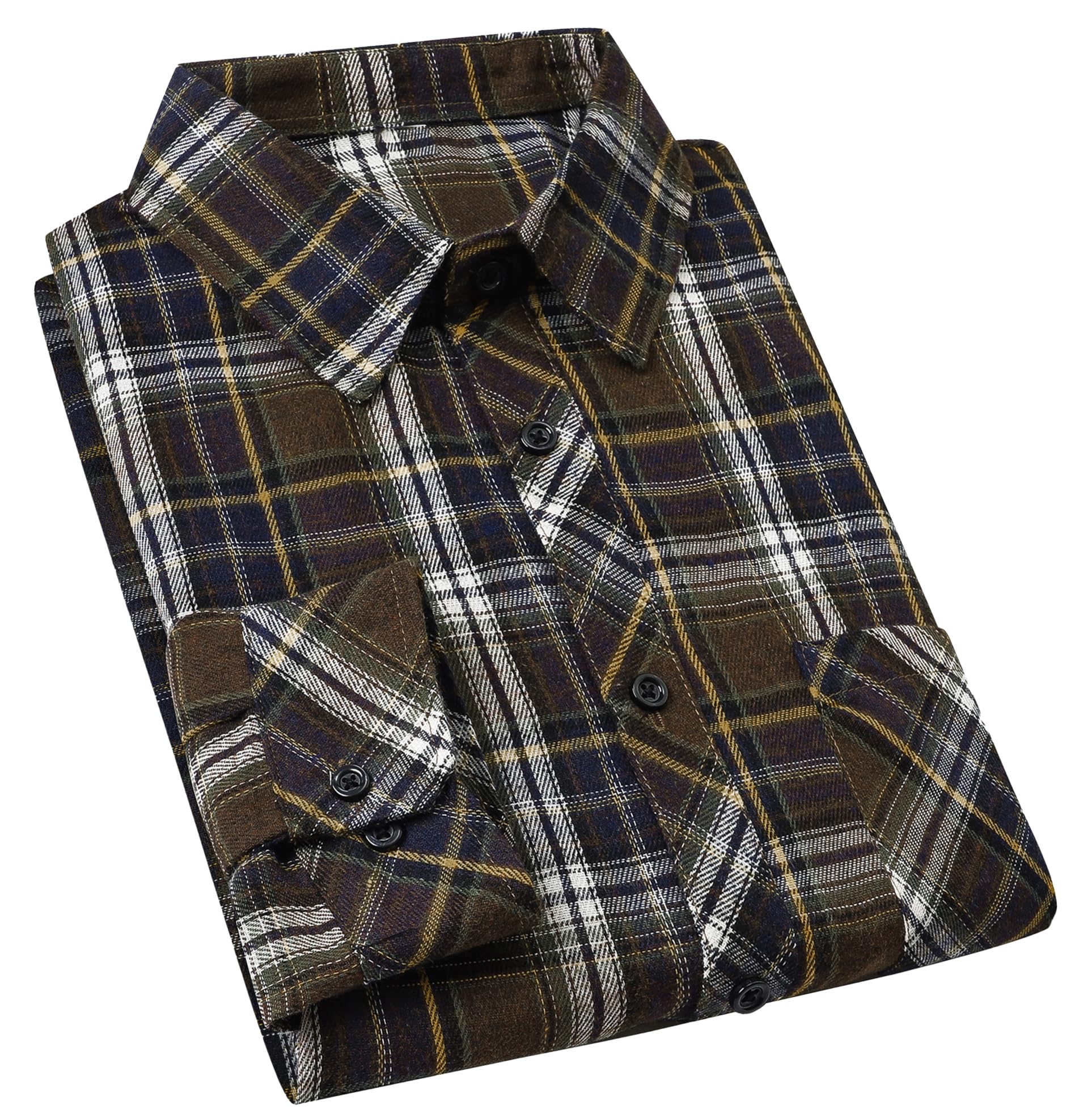 Camisa Masculina Casual Cromoncent De Flanela Xadrez, Manga Comprida, Marrom, Verde