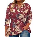 Blusa Feminina Romanstii Com Decote Em V, Manga 3/4, Tamanho Plus, Bordô