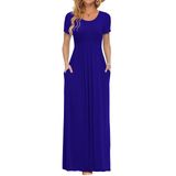 Vestido Longo Auselily Feminino De Manga Curta, Solto, Azul Liso