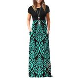 Vestido Longo Auselily Feminino De Manga Curta, Solto, Liso, Preto, Verde