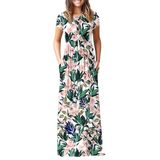 Vestido Longo Auselily Feminino De Manga Curta, Solto, Liso, Casual