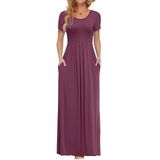 Vestido Maxi Auselily Feminino De Manga Curta, Solto, Liso, Lilás