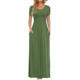 Vestido Longo Feminino Auselily, Manga Curta, Solto, Liso, Verde M