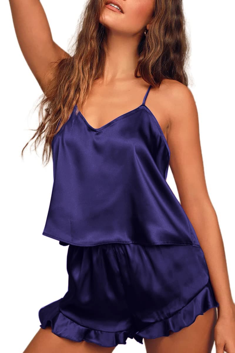 Conjunto De Pijama Ekouaer Silk Satin Para Mulheres Azul Marinho