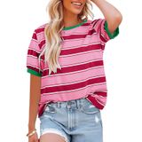 Camiseta Feminina Dokotoo 2025 Listrada, Colorida, Rosada, Tamanho L