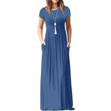 Vestido Longo Auselily Feminino De Manga Curta, Solto, Azul Liso